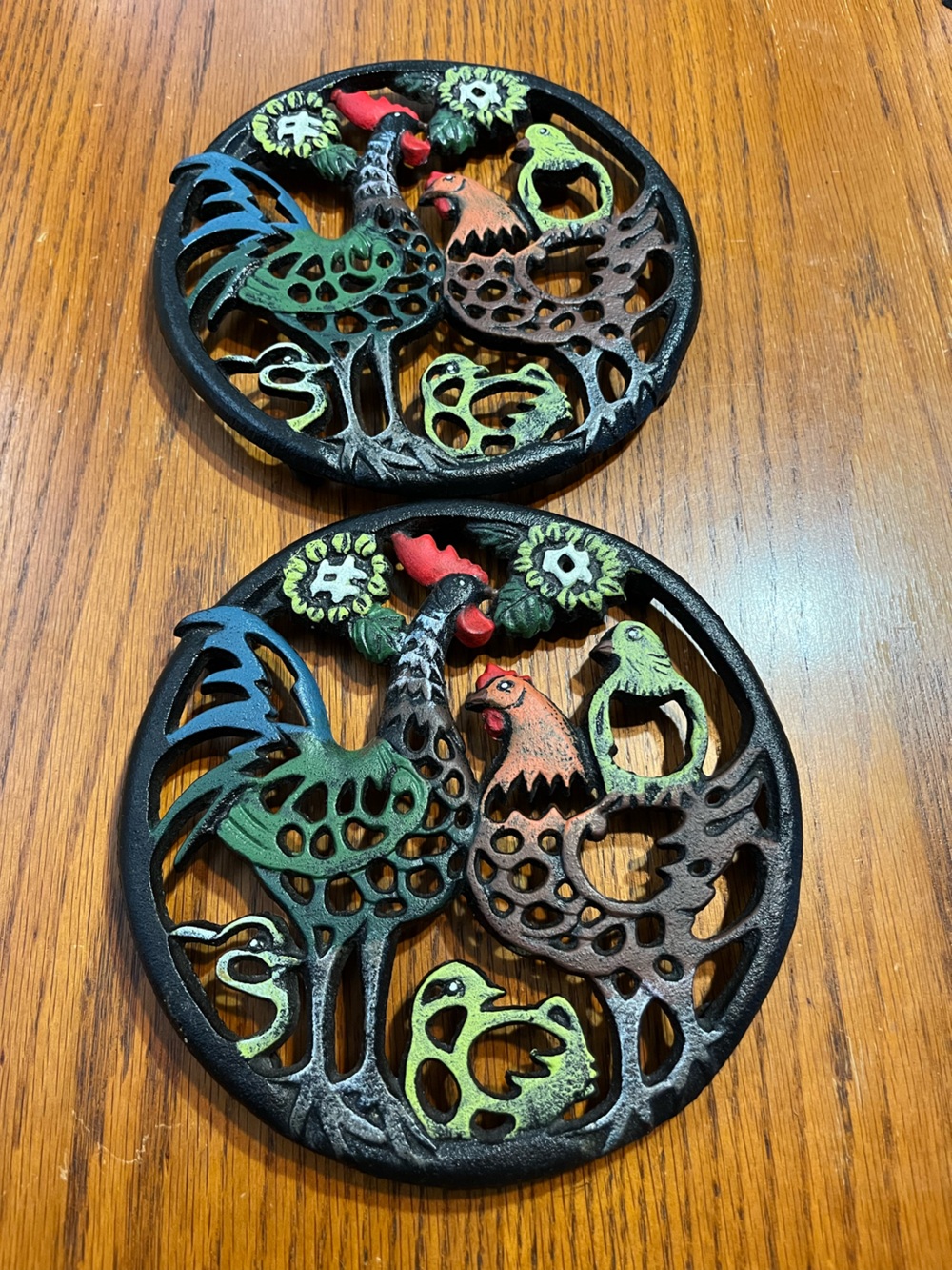 Vintage Cast Iron Rooster chicken trivet set Multicolor cottage folk mid century